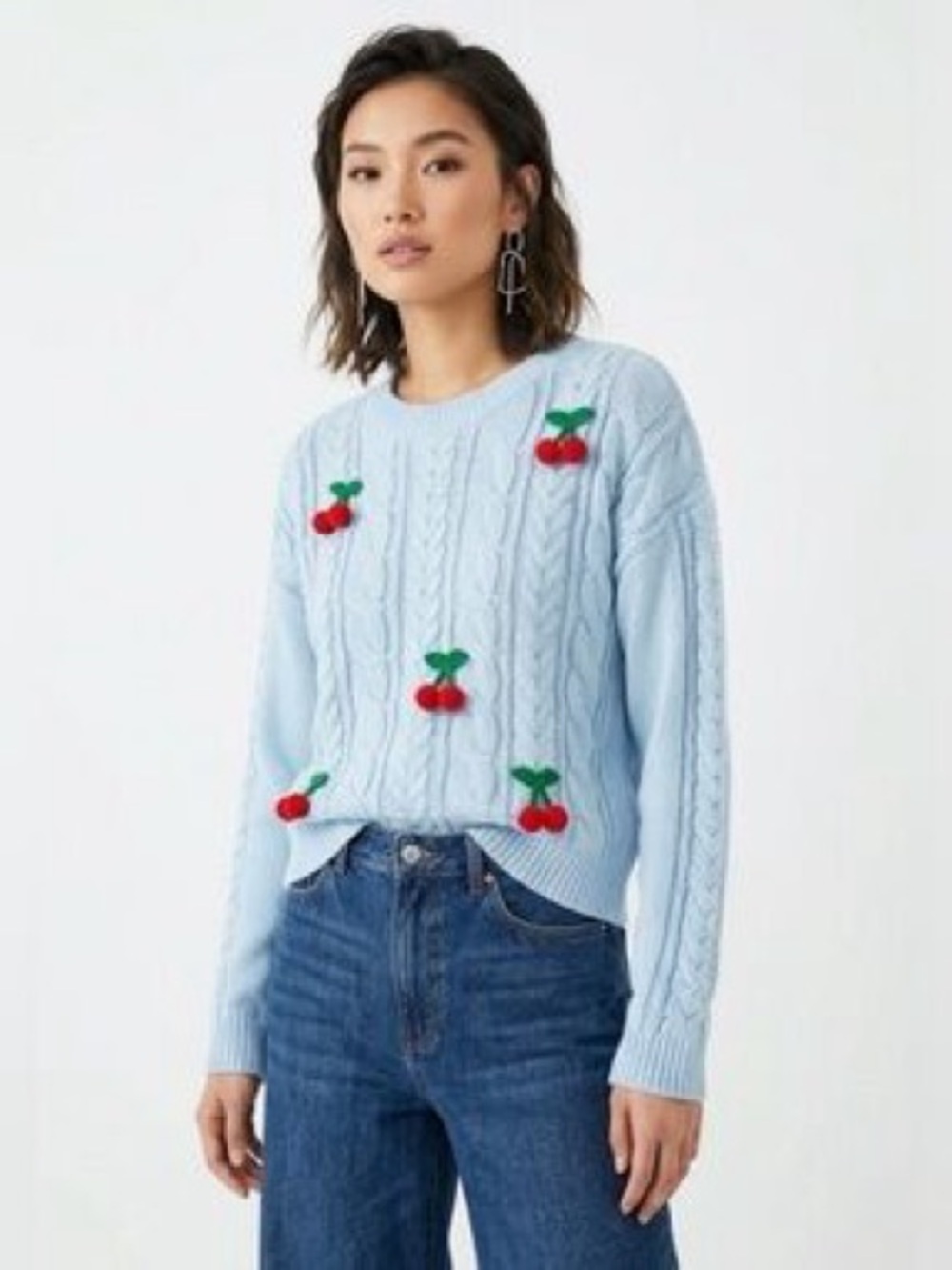 Calligraphie Light Blue Cable Knit Cherry Embroidered Sweater L